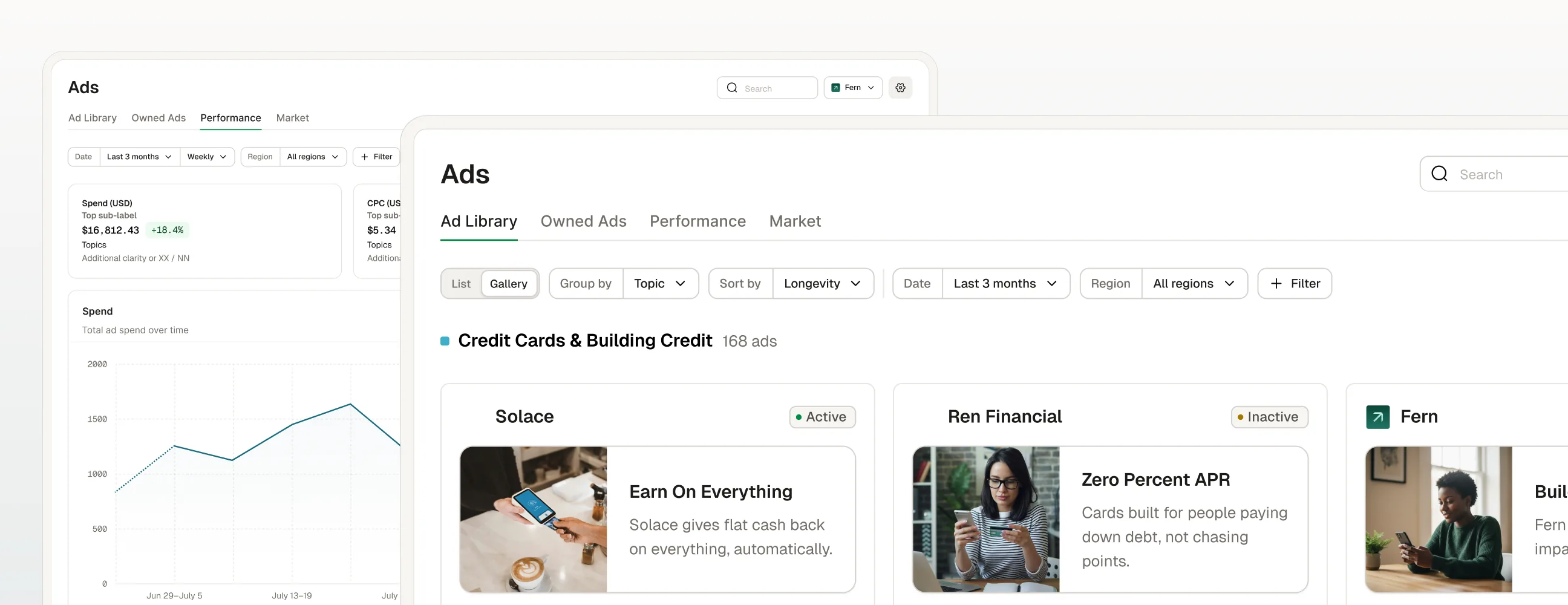 AirOps platform showing ad performance, filters, and a gallery of ChatGPT ads